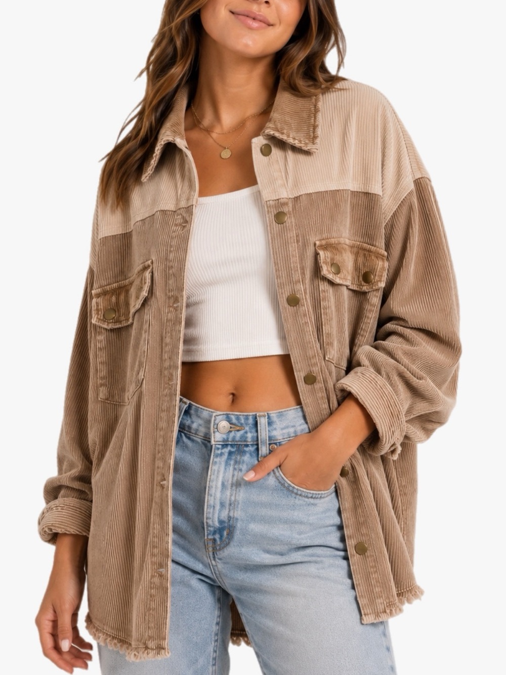 Oversized Brown Tan Colorblock Corduroy Shacket Jacket Button Front Size Small